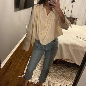 Leith slouchy white silk button down blouse customizable shoulder sash / bow XS